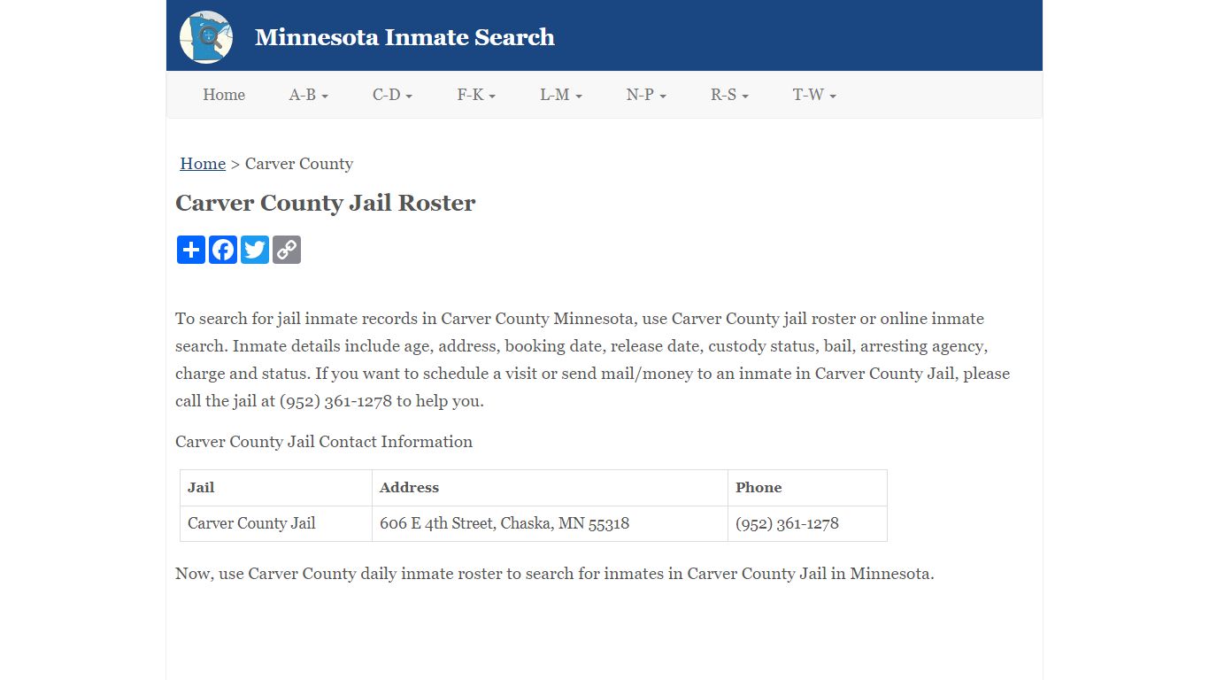 Carver County Jail Roster - Minnesota Inmate Search